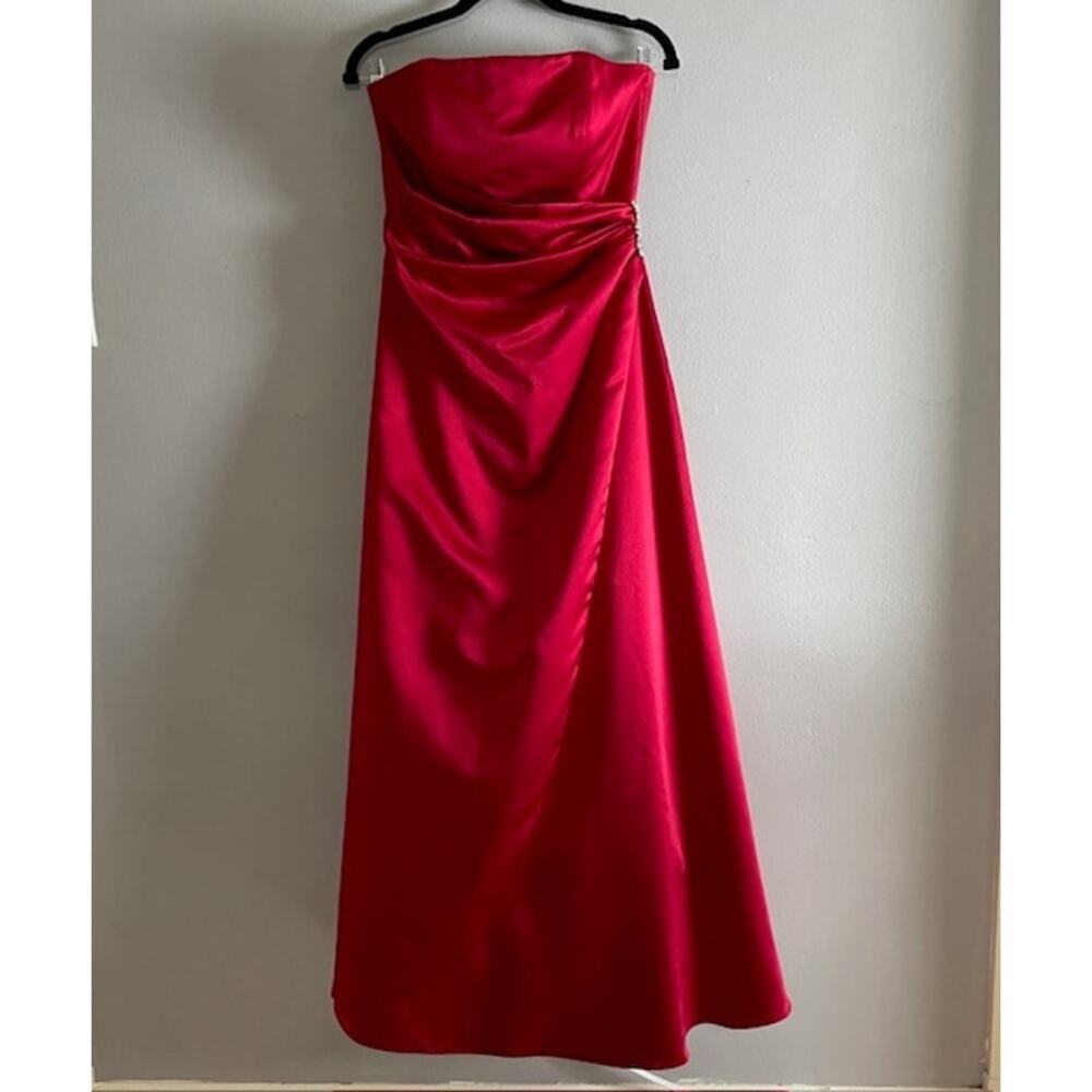 David's Bridal Strapless Satin Midi Dress in Hot Pink